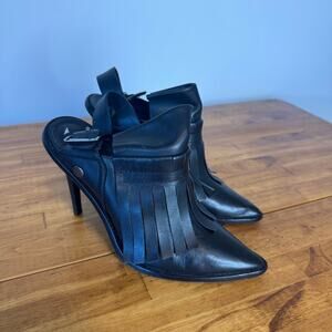 Tibi New York Black Leather Fringe Point Toe Slingback Heeled Booties Size 39.5